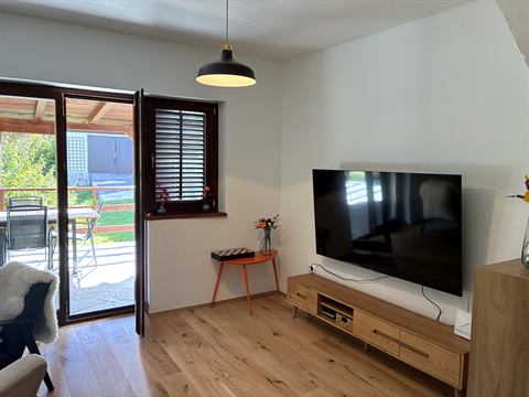 Wohnzimmer mit TV und Tür zur Terrasse